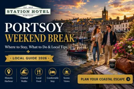 Portsoy weekend break guide showing the historic harbour, coastal views and relaxing places to stay in Portsoy, Scotland