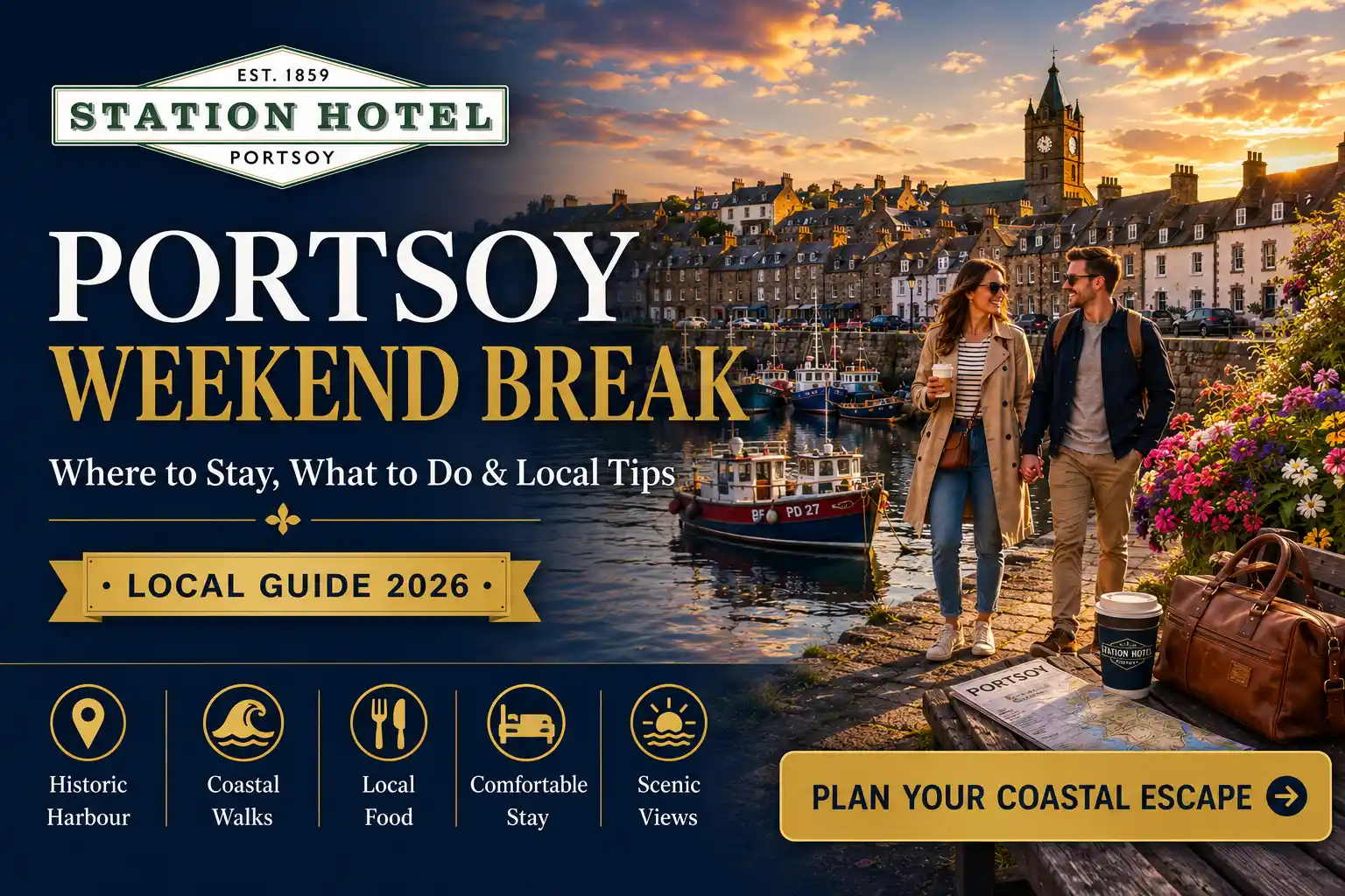 Portsoy weekend break guide showing the historic harbour, coastal views and relaxing places to stay in Portsoy, Scotland