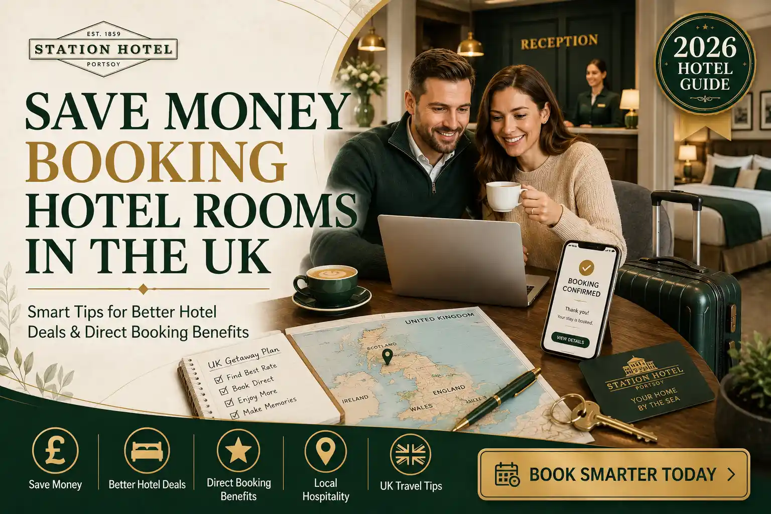 Couple saving money by booking hotel rooms in the UK directly through an independent hotel website