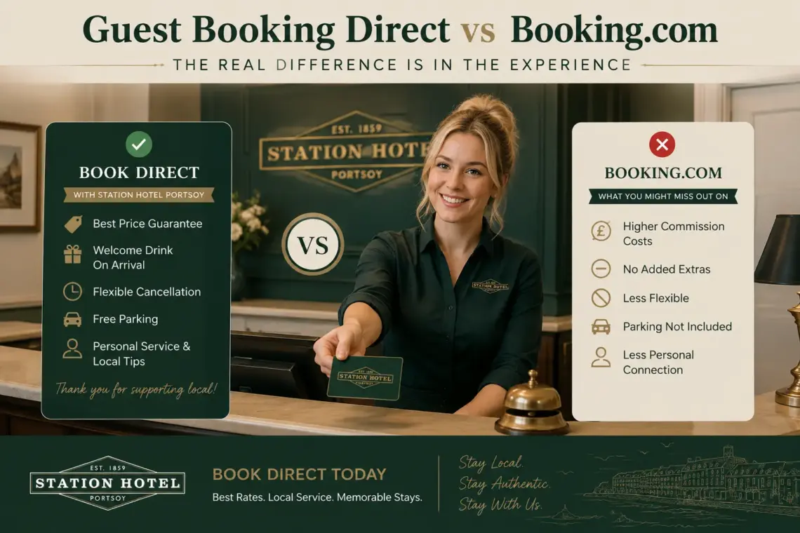 Guest booking direct vs Booking.com at Station Hotel Portsoy reception