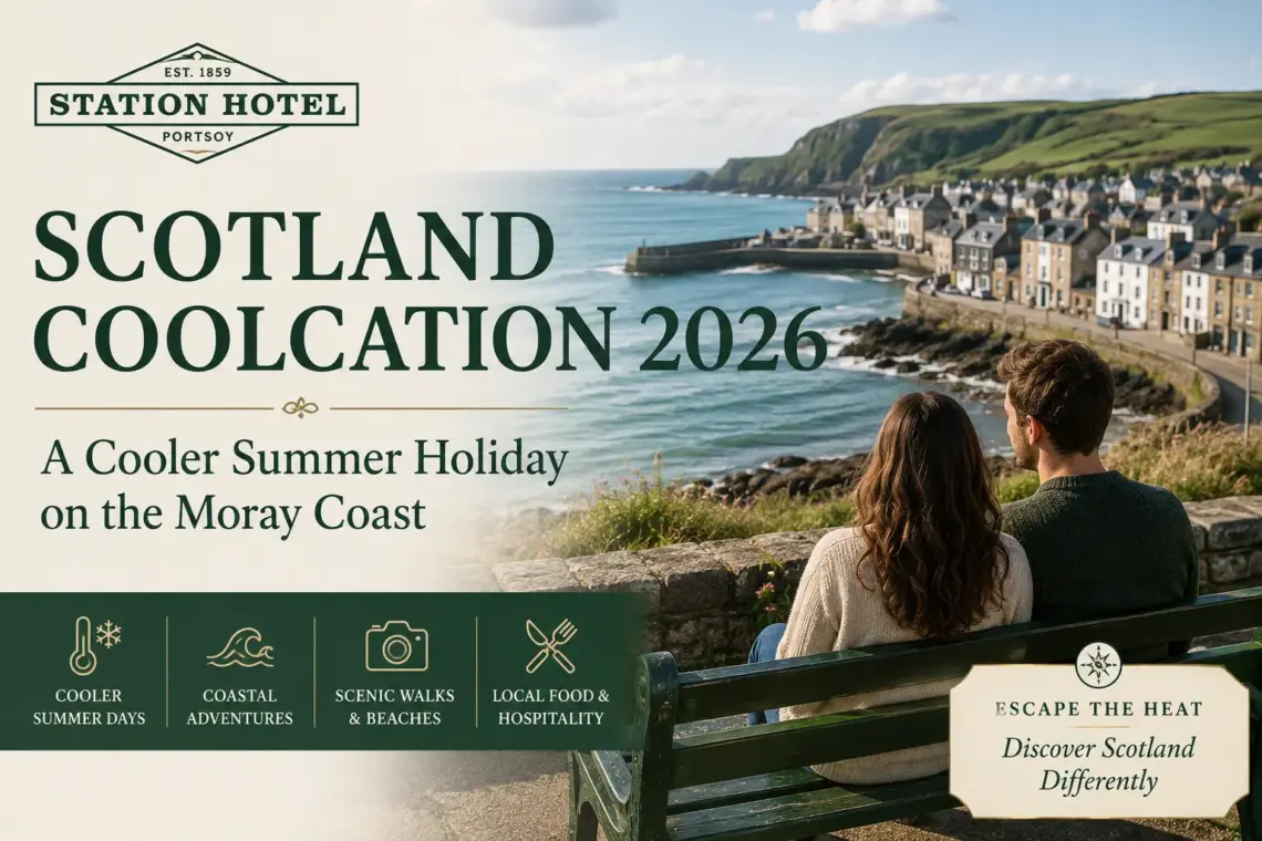 Scotland coolcation 2026 on the Moray Coast with a couple enjoying Portsoy coastal scenery