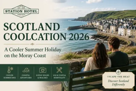Scotland coolcation 2026 on the Moray Coast with a couple enjoying Portsoy coastal scenery