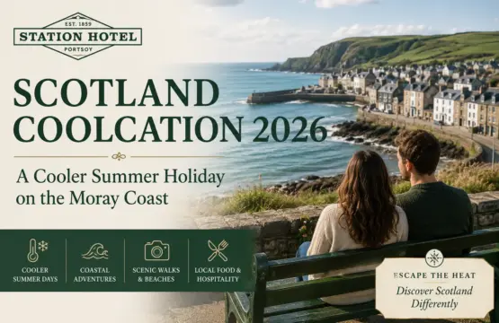Scotland coolcation 2026 on the Moray Coast with a couple enjoying Portsoy coastal scenery