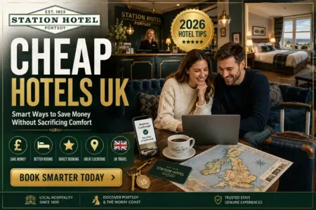 Couple comparing cheap hotels in the UK online while planning an affordable stay at an independent hotel