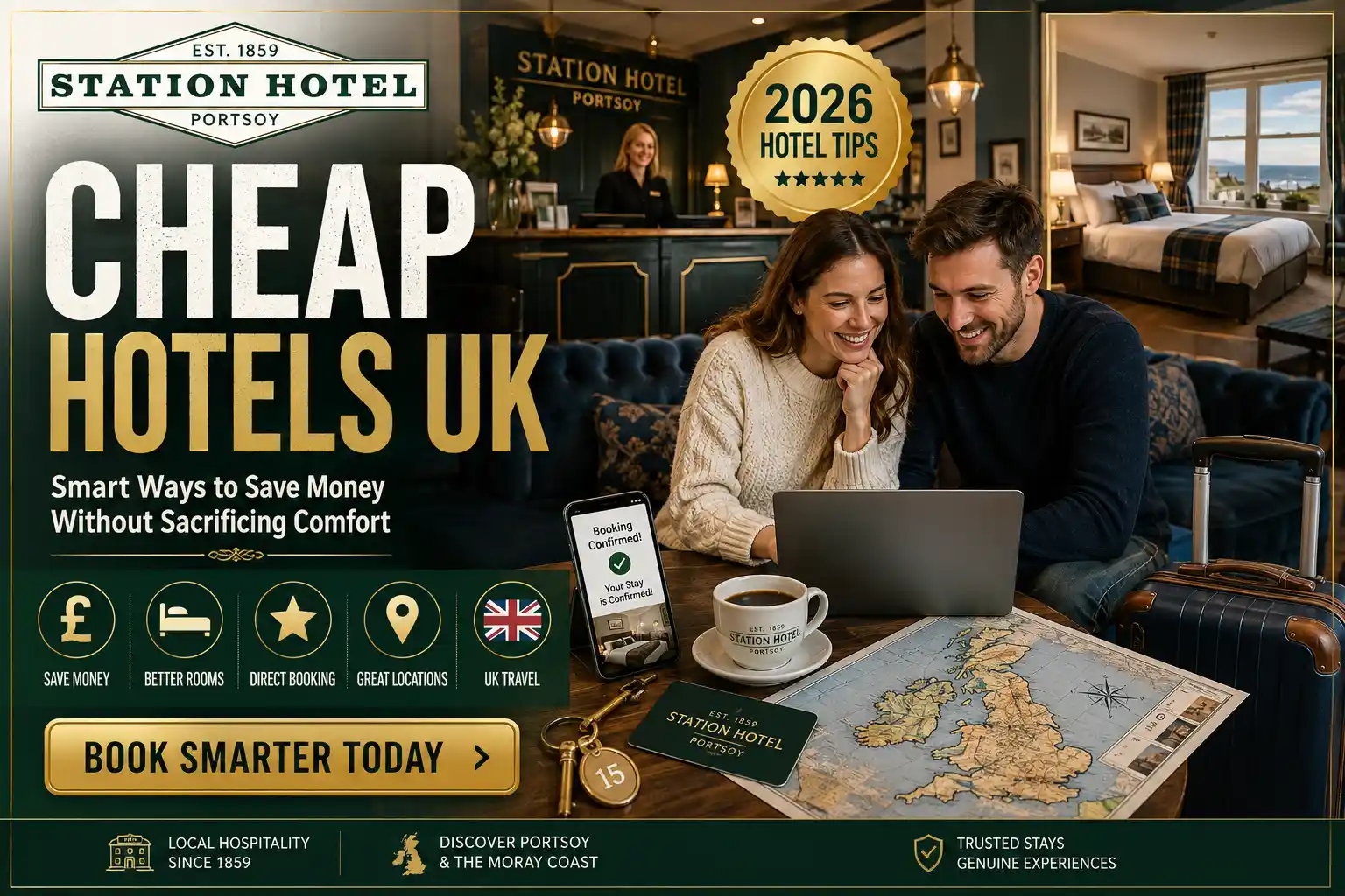 Couple comparing cheap hotels in the UK online while planning an affordable stay at an independent hotel