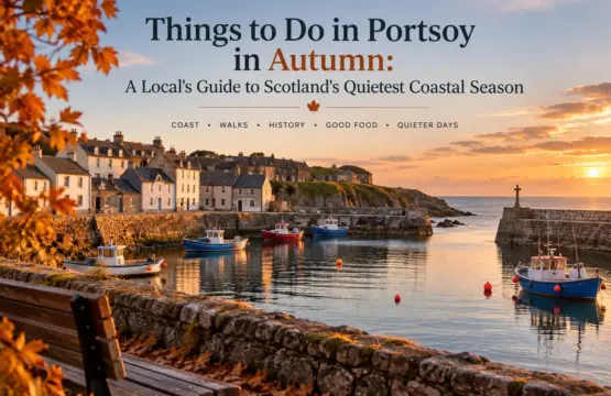 Autumn view of Portsoy harbour with fishing boats, stone cottages and golden coastal light in Scotland